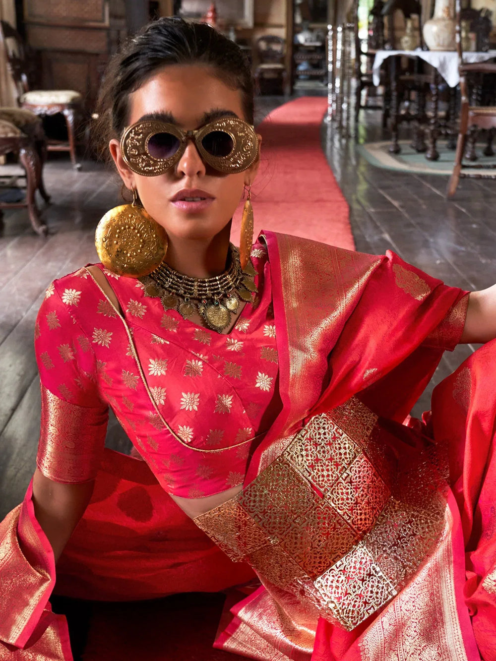 Pink Banarasi Silk Blend Woven Saree - The Dori Store