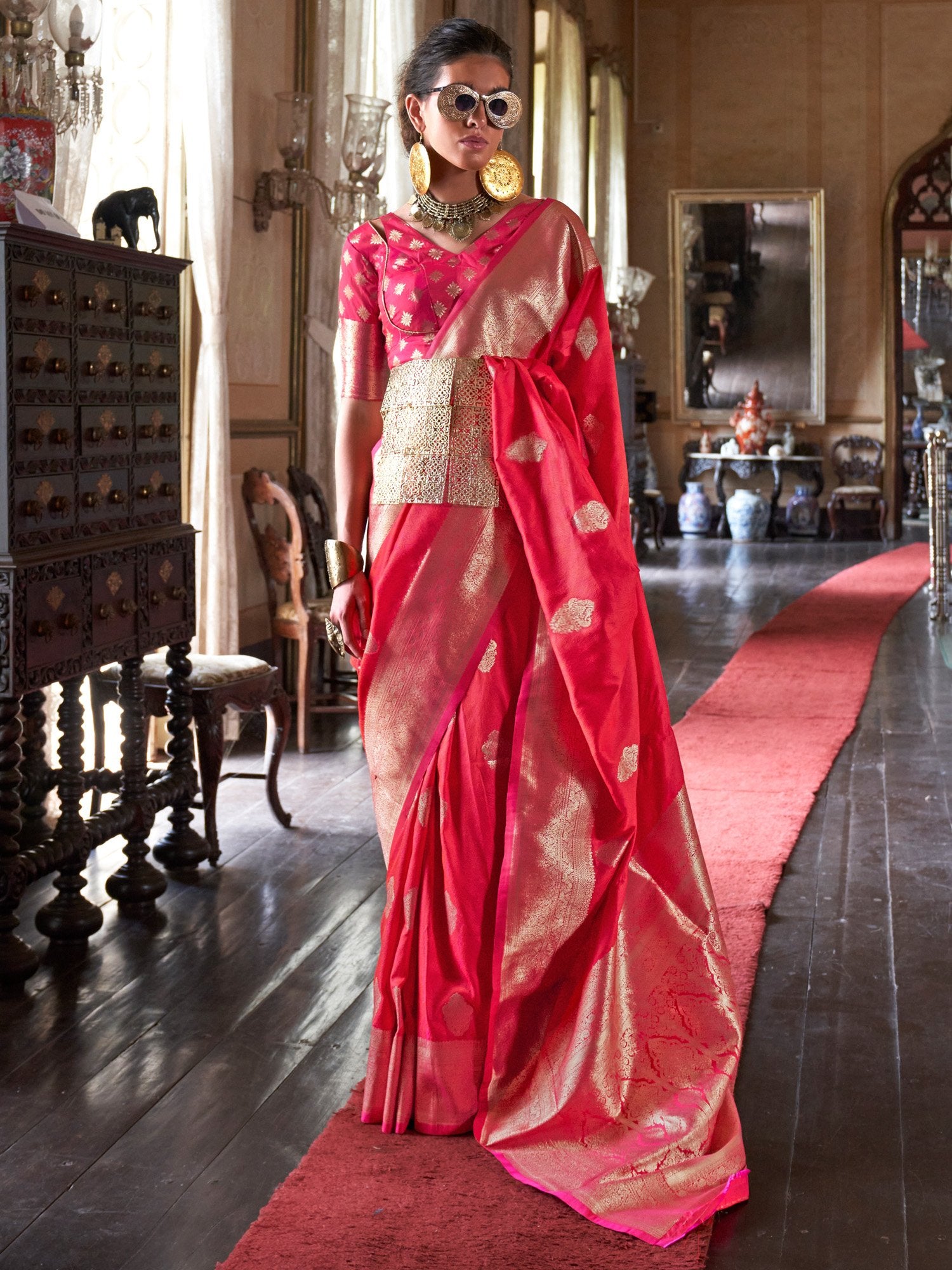 Pink Pink Banarasi Silk Blend Woven Saree