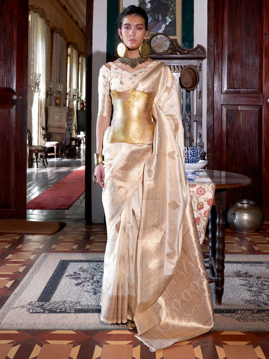 White Off Banarasi Silk Blend Woven Saree