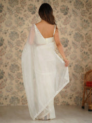Off White Party Wear Net Embellished Saree - The Dori Store