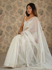 Off White Party Wear Net Embellished Saree - The Dori Store