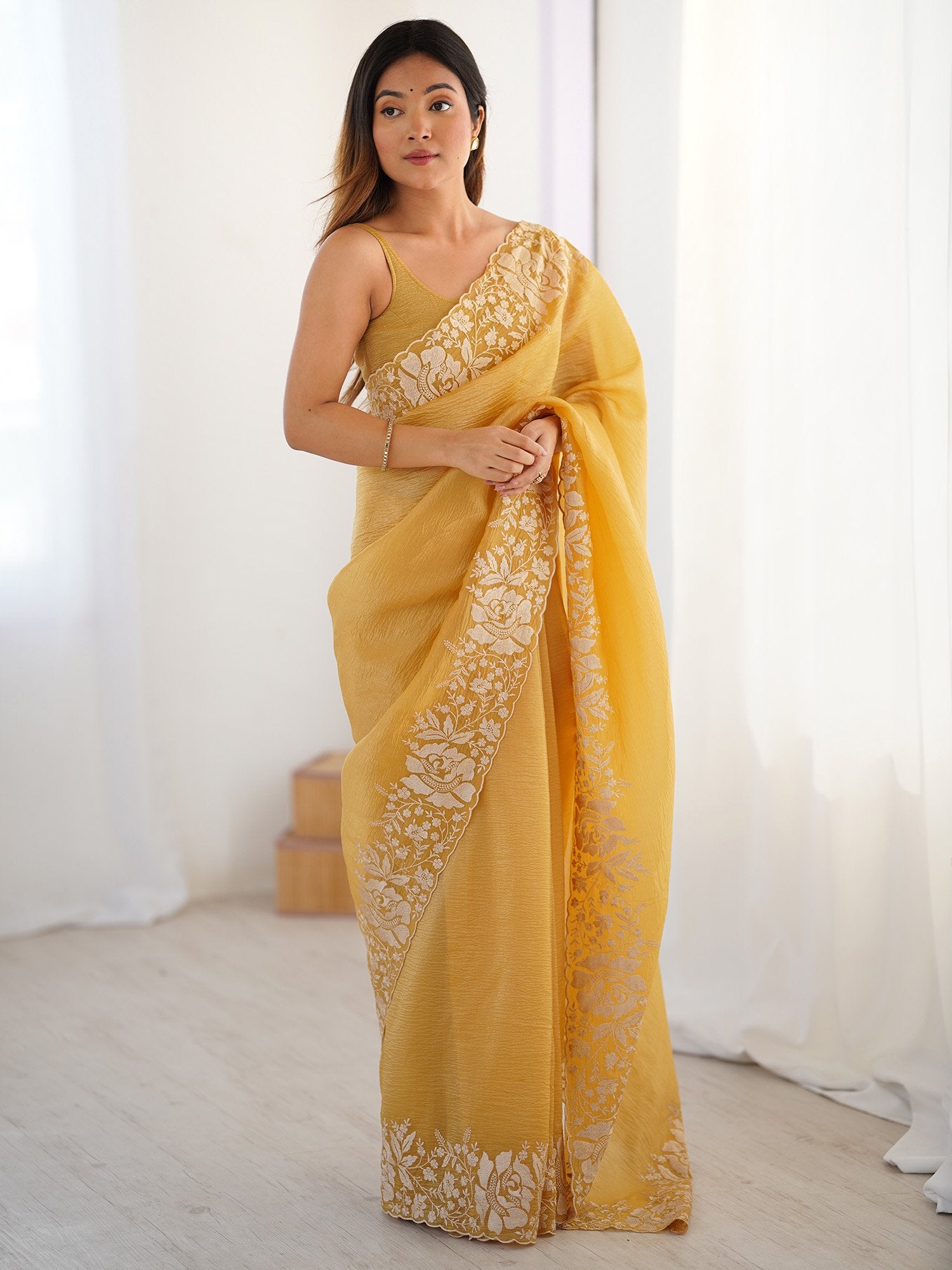Yellow Mustard Party Wear Tissue Embroidered Saree