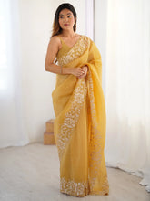 Mustard Party Wear Tissue Embroidered Saree - The Dori Store