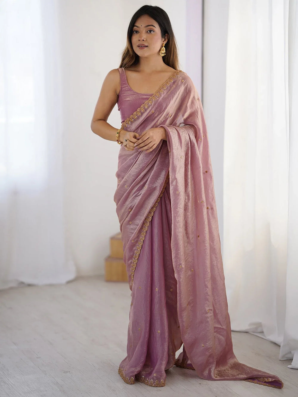 Mauve Party Wear Paper Silk Embellished Saree - The Dori Store