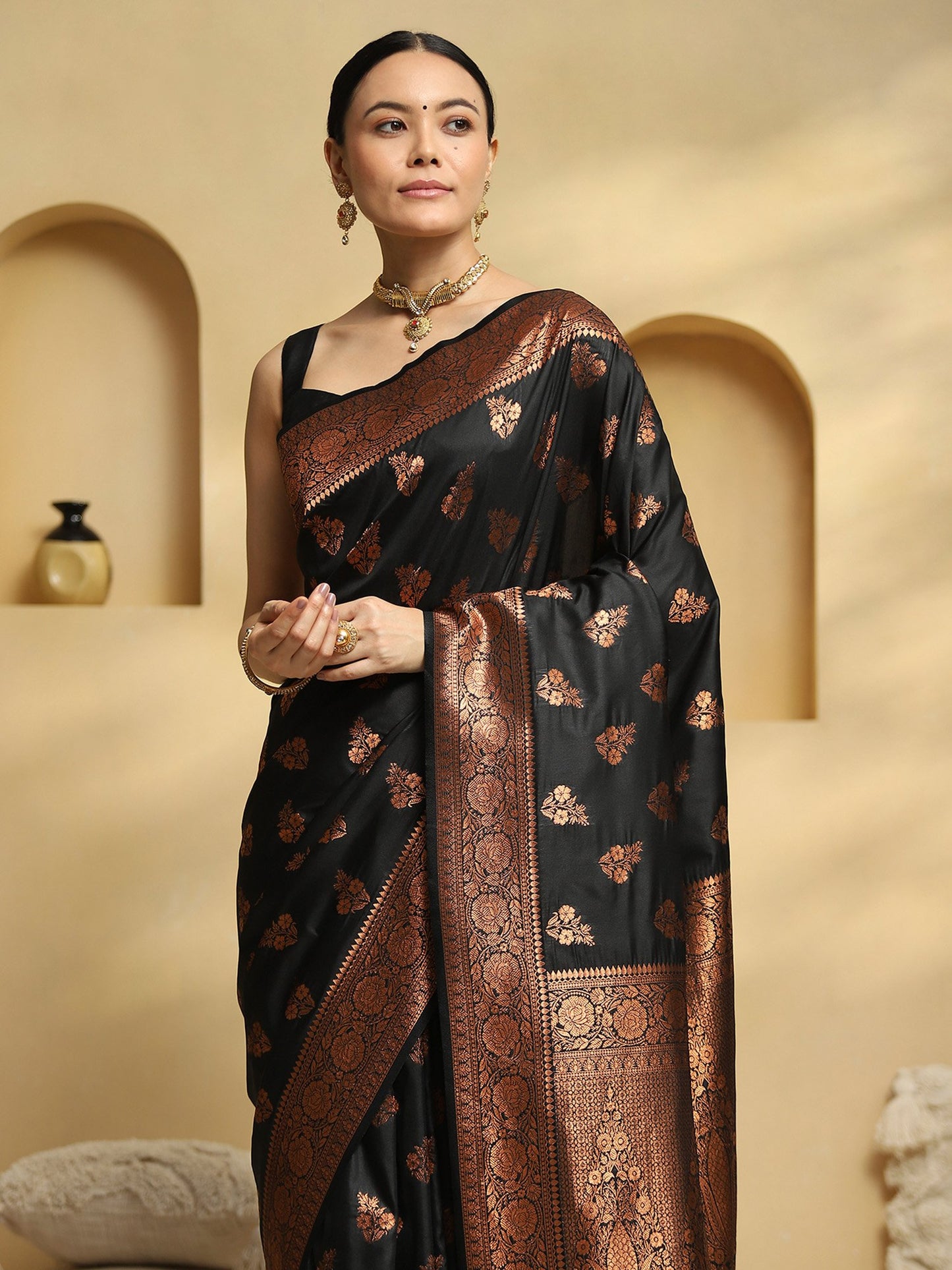 Black Banarasi Soft Silk Woven Saree