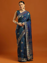 Teal Blue Banarasi Soft Silk Woven Saree - The Dori Store