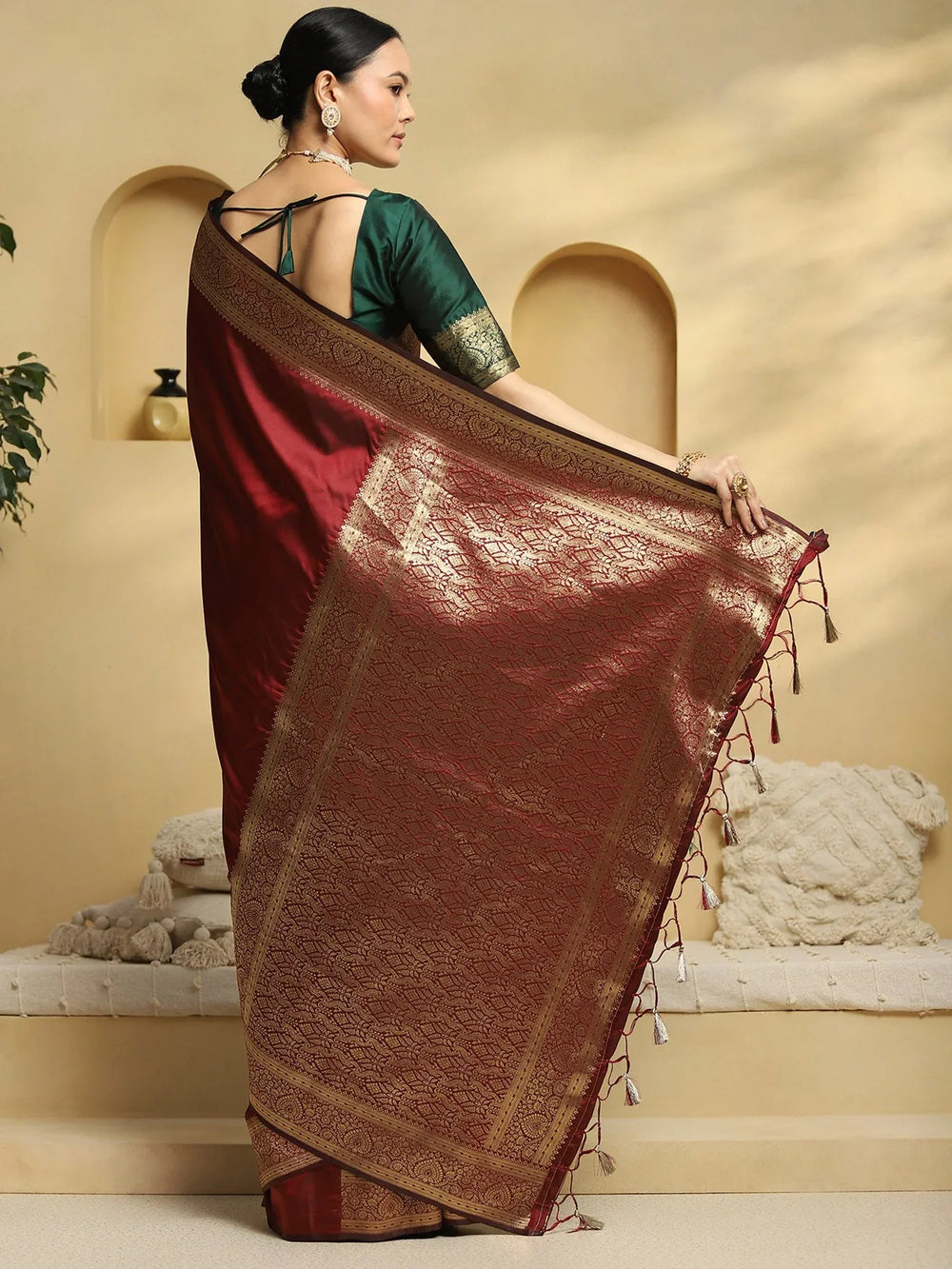 Maroon Banarasi Soft Silk Woven Saree - The Dori Store