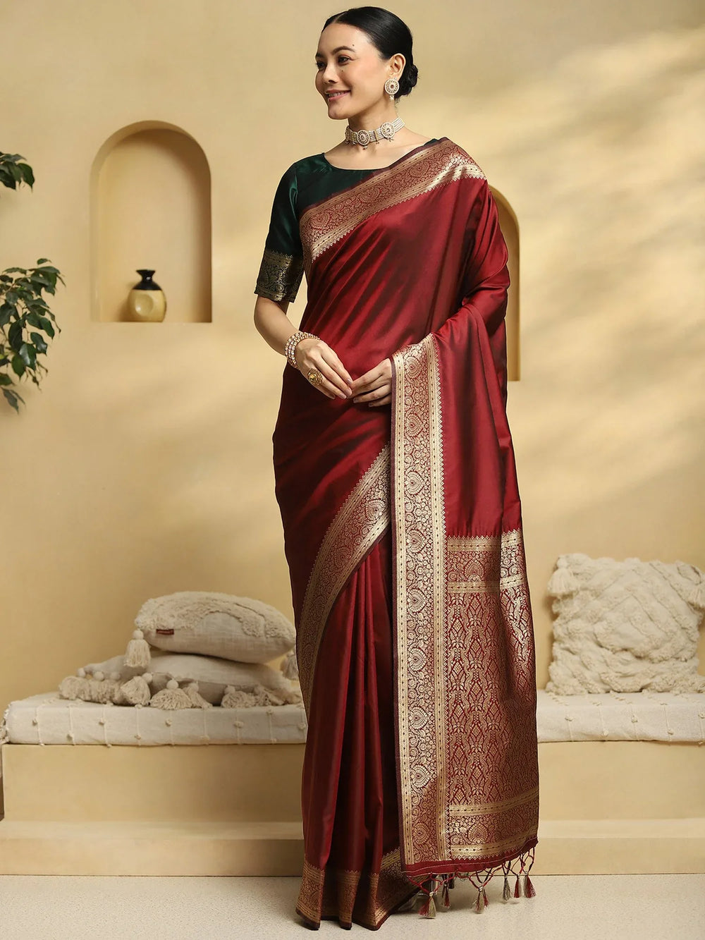 Maroon Banarasi Soft Silk Woven Saree - The Dori Store