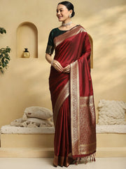 Maroon Banarasi Soft Silk Woven Saree - The Dori Store