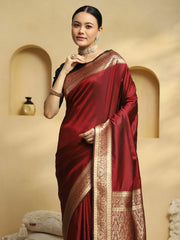 Maroon Banarasi Soft Silk Woven Saree - The Dori Store