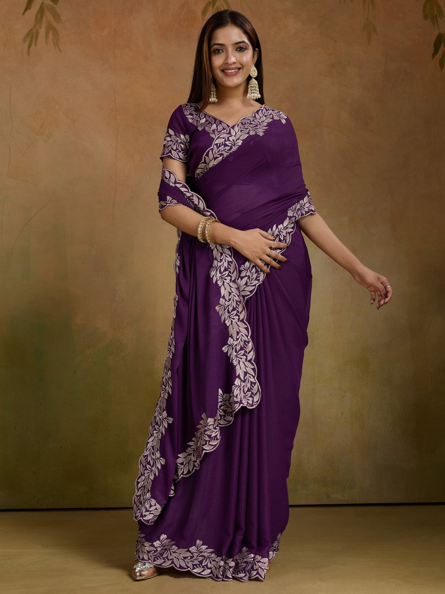 Purple Party Wear Georgette Embellished Saree