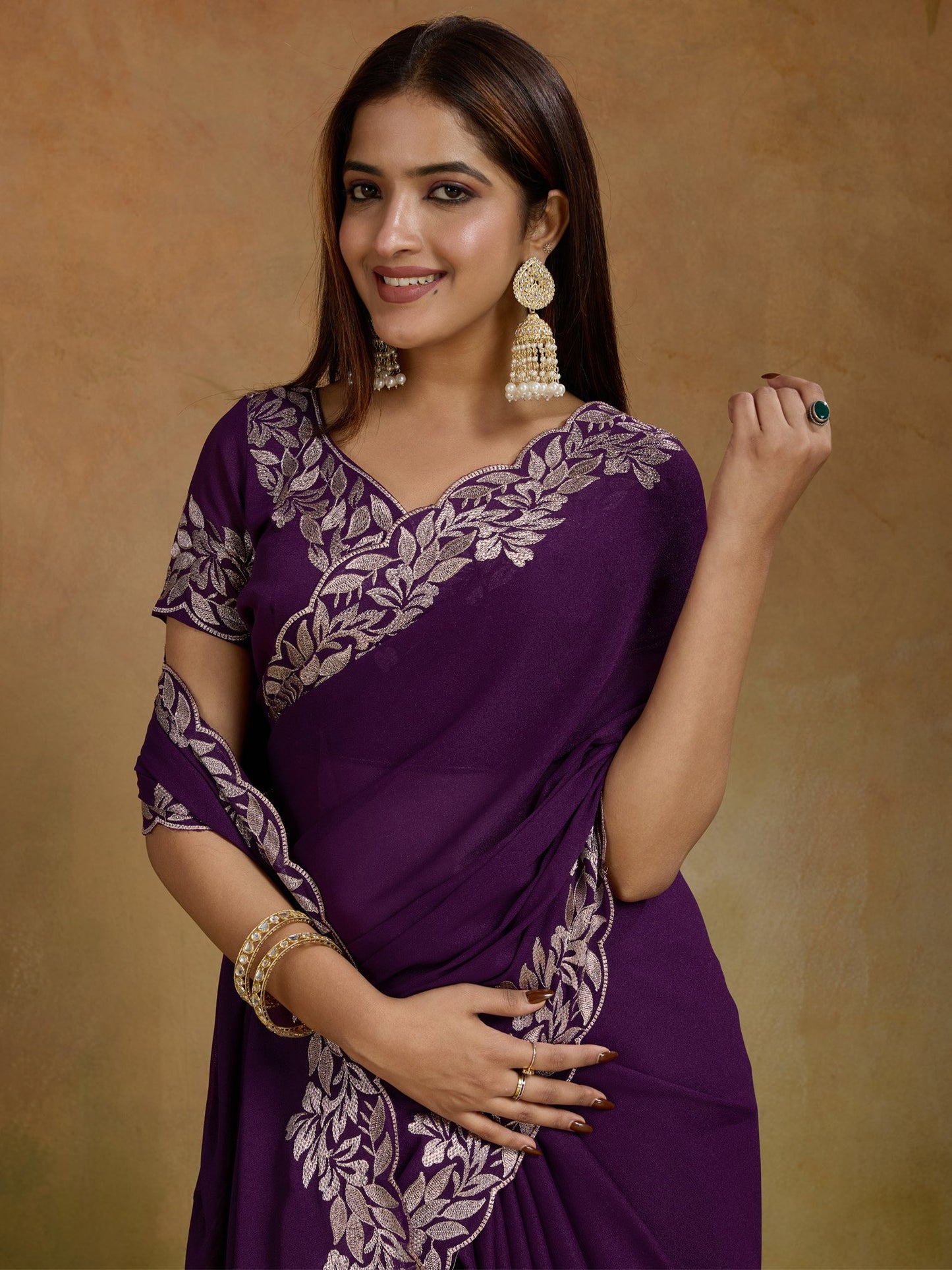 Purple Party Wear Georgette Embellished Saree
