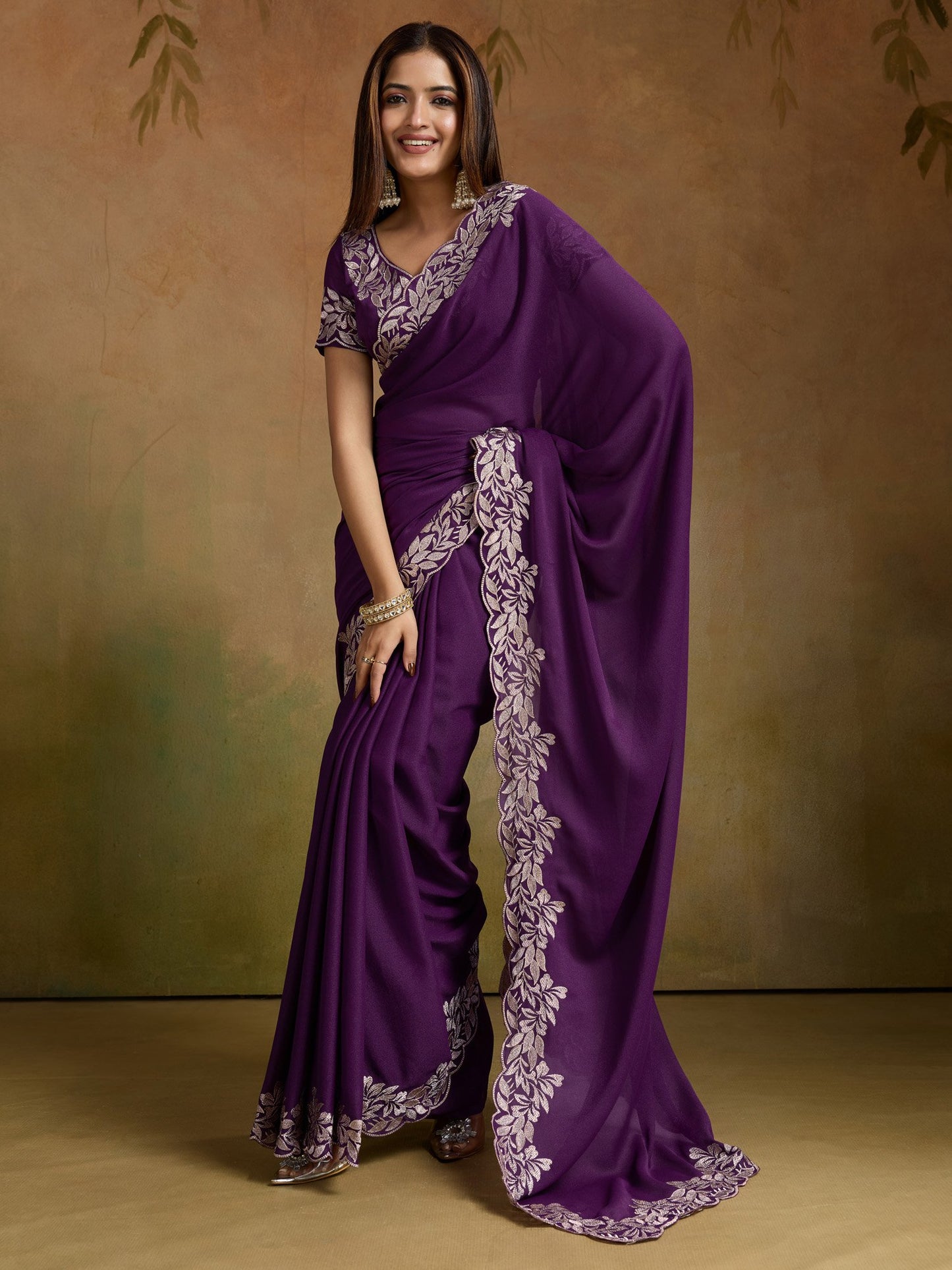 Purple Purple Party Wear Georgette Embellished Saree