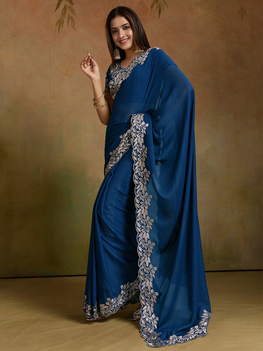 Blue Teal Party Wear Georgette Embellished Saree