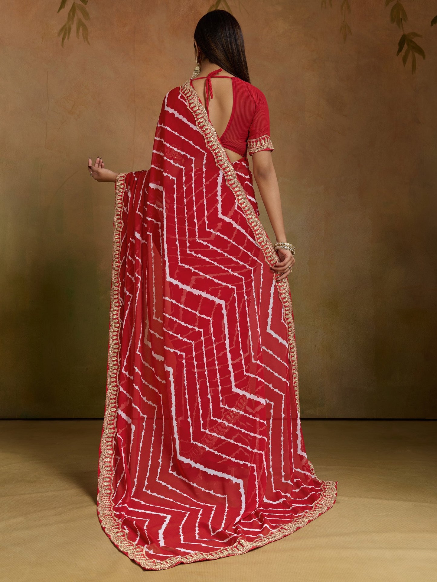 Red Leheriya Georgette Printed Saree