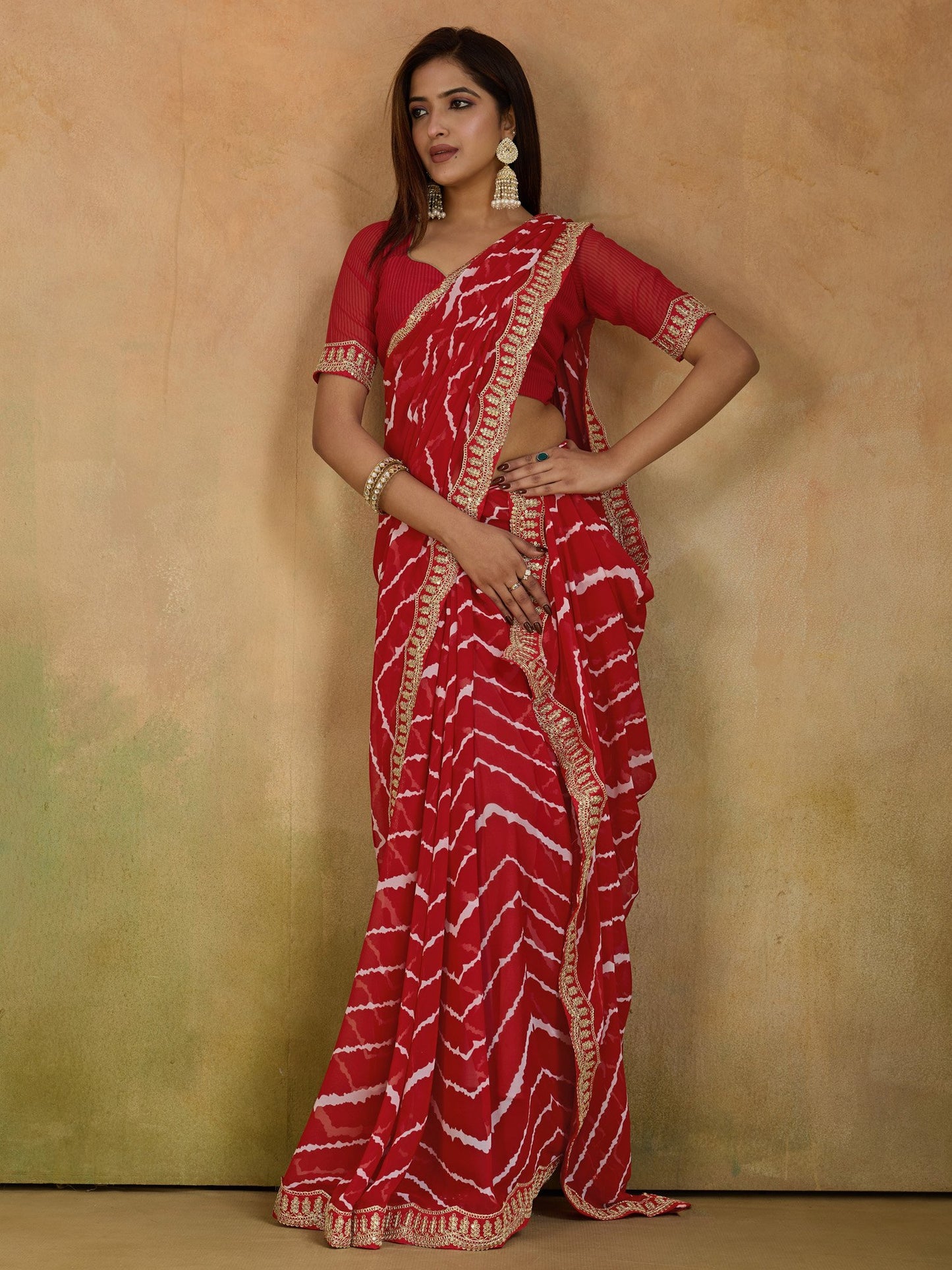 Red Leheriya Georgette Printed Saree