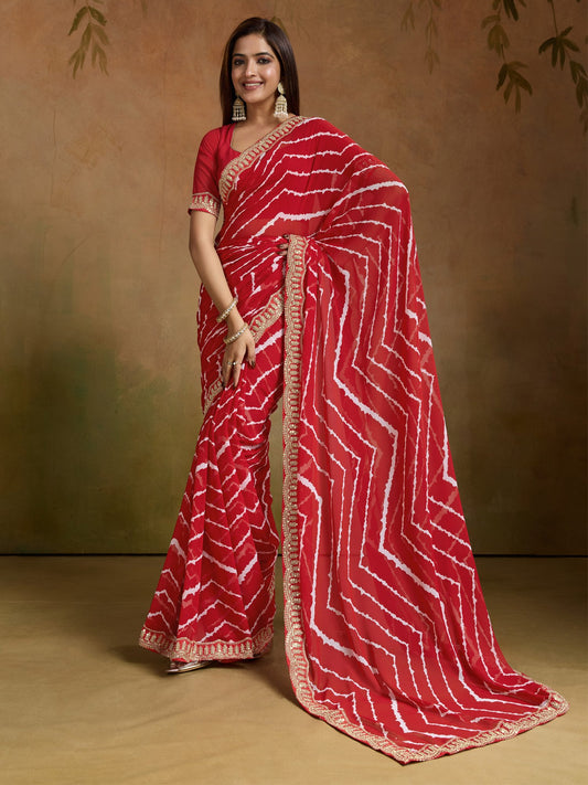 Red Red Leheriya Georgette Printed Saree