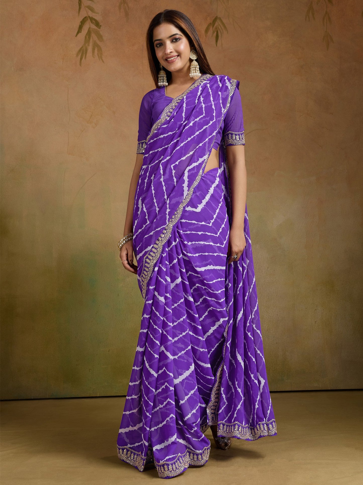Purple Leheriya Georgette Printed Saree