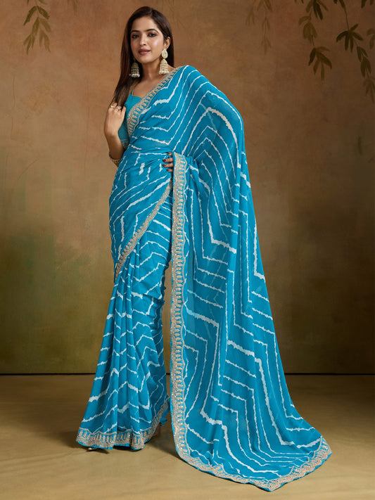 Blue Light Leheriya Georgette Printed Saree
