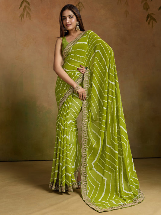Green Light Leheriya Georgette Printed Saree