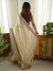 Cream Party Wear Organza Embellished Saree - The Dori Store