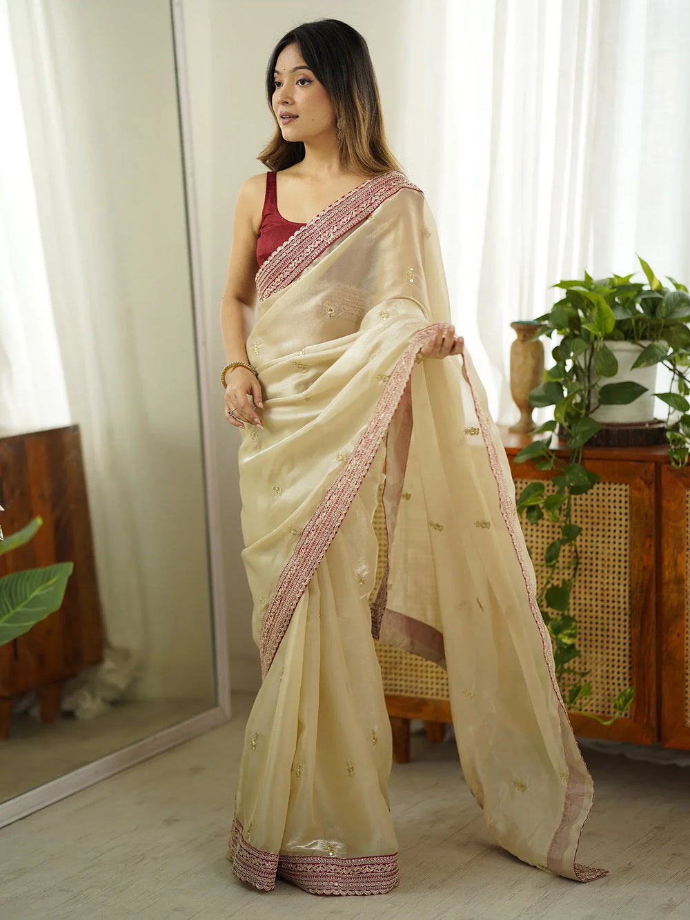 Cream Party Wear Organza Embellished Saree - The Dori Store