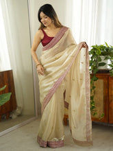 Cream Party Wear Organza Embellished Saree - The Dori Store