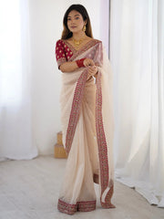 White Party Wear Chiffon Embellished Saree - The Dori Store