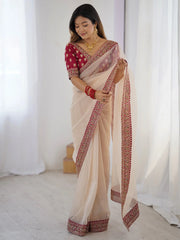 White Party Wear Chiffon Embellished Saree - The Dori Store