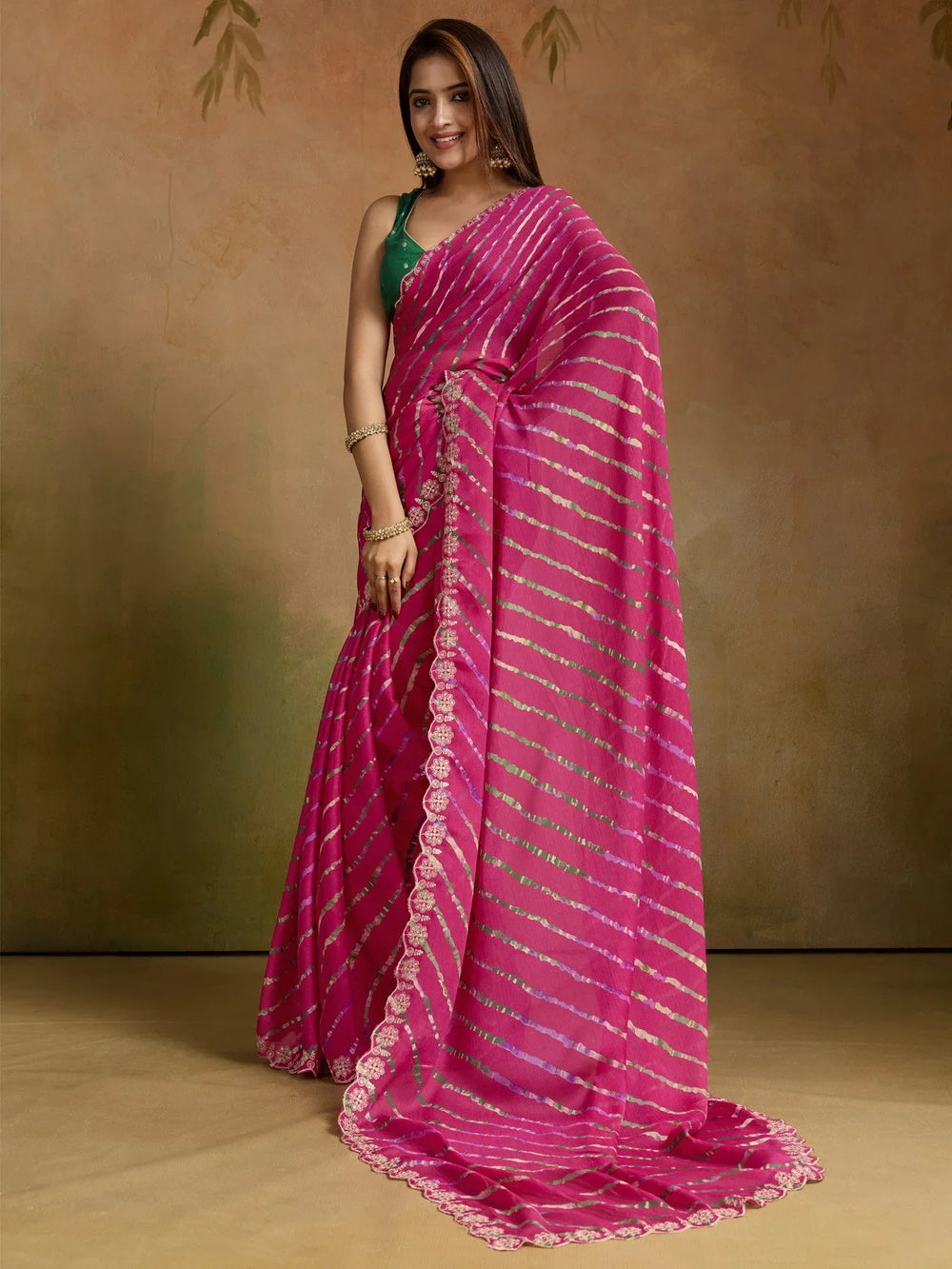 Pink Leheriya Chiffon Printed Saree - The Dori Store