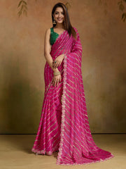 Pink Leheriya Chiffon Printed Saree - The Dori Store