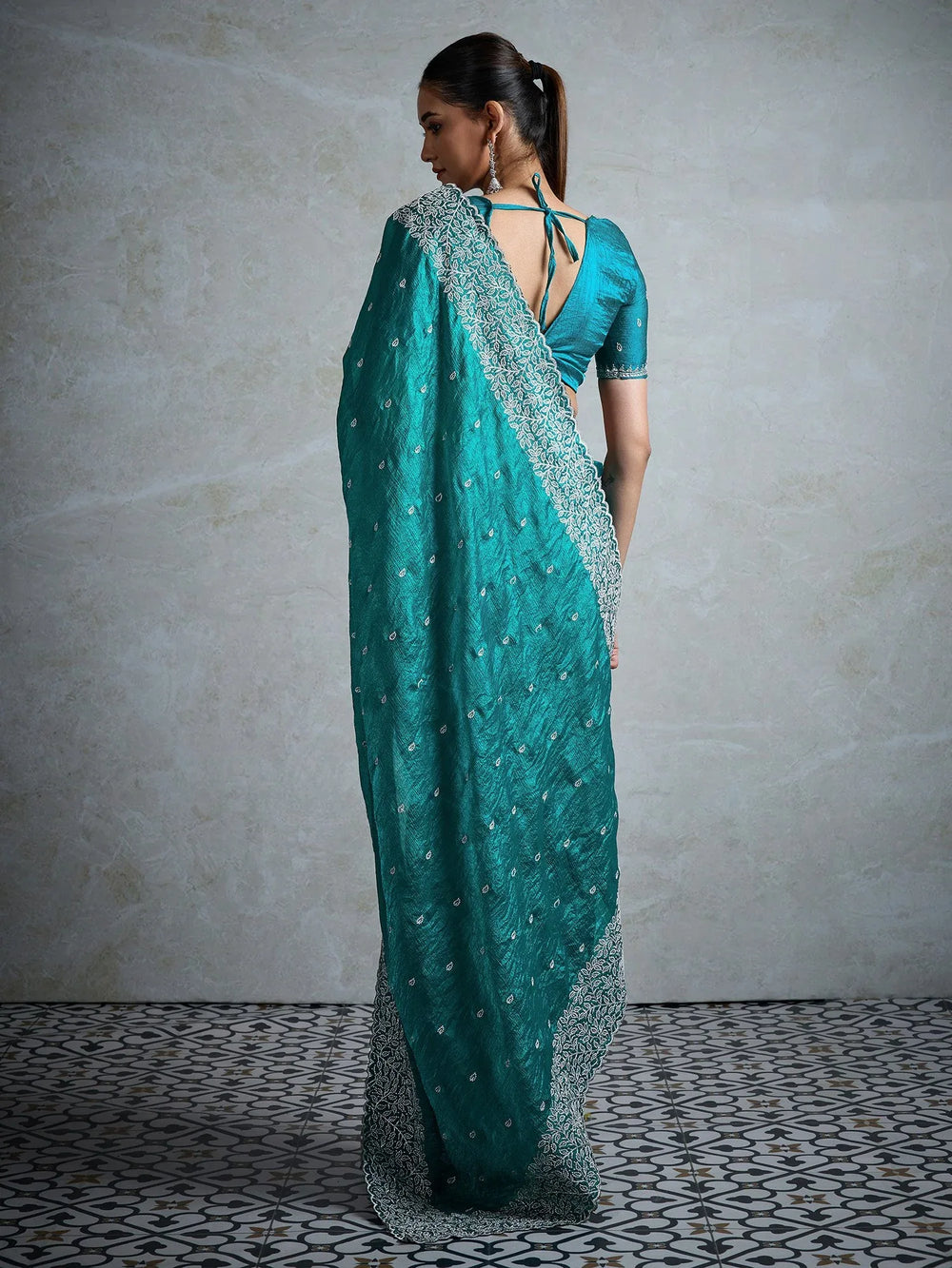 Teal Blue Party Wear Chiffon Embroidered Saree - The Dori Store