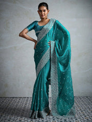 Teal Blue Party Wear Chiffon Embroidered Saree - The Dori Store