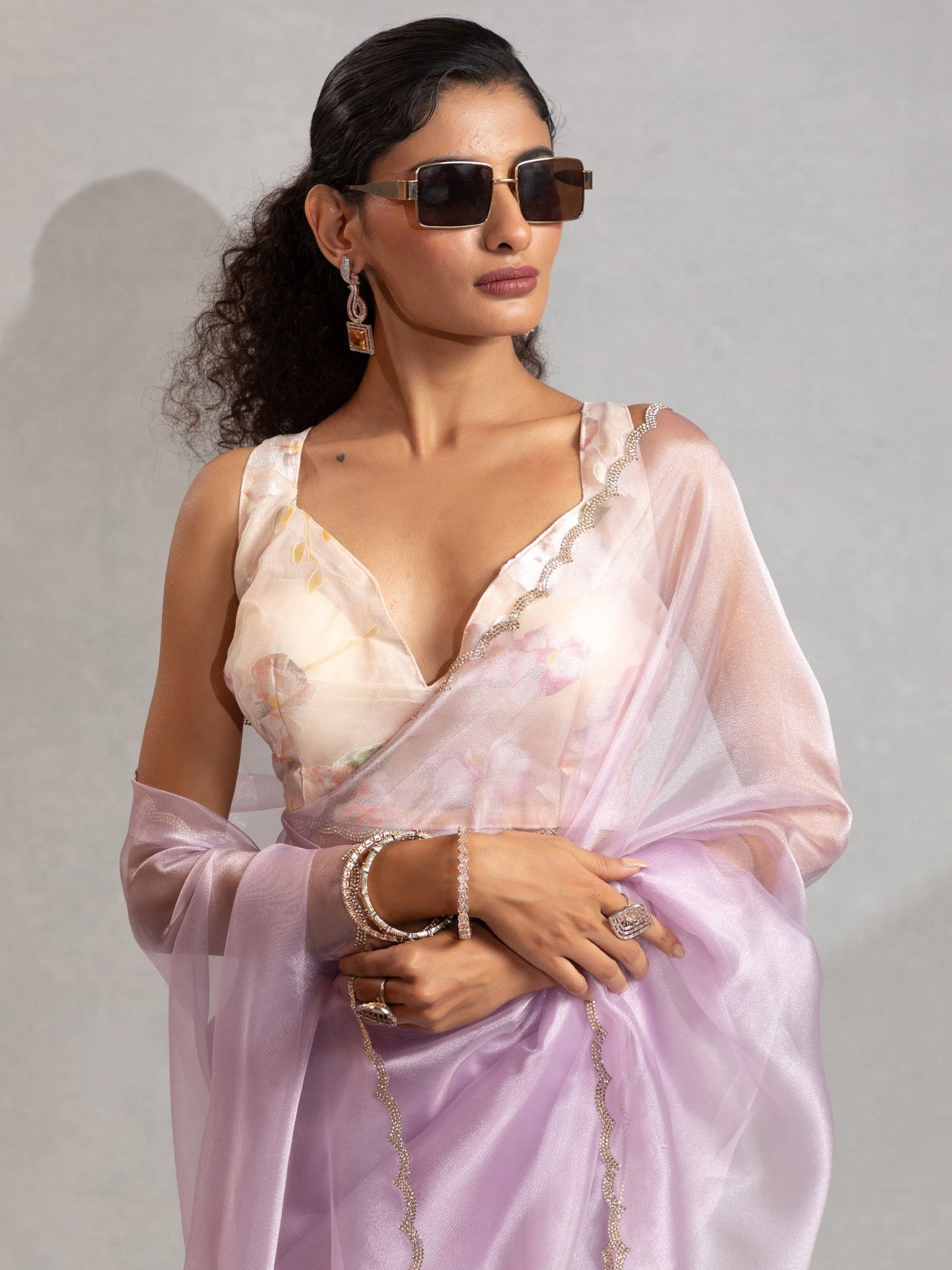 Lavendar Party Wear Organza Embellished Saree