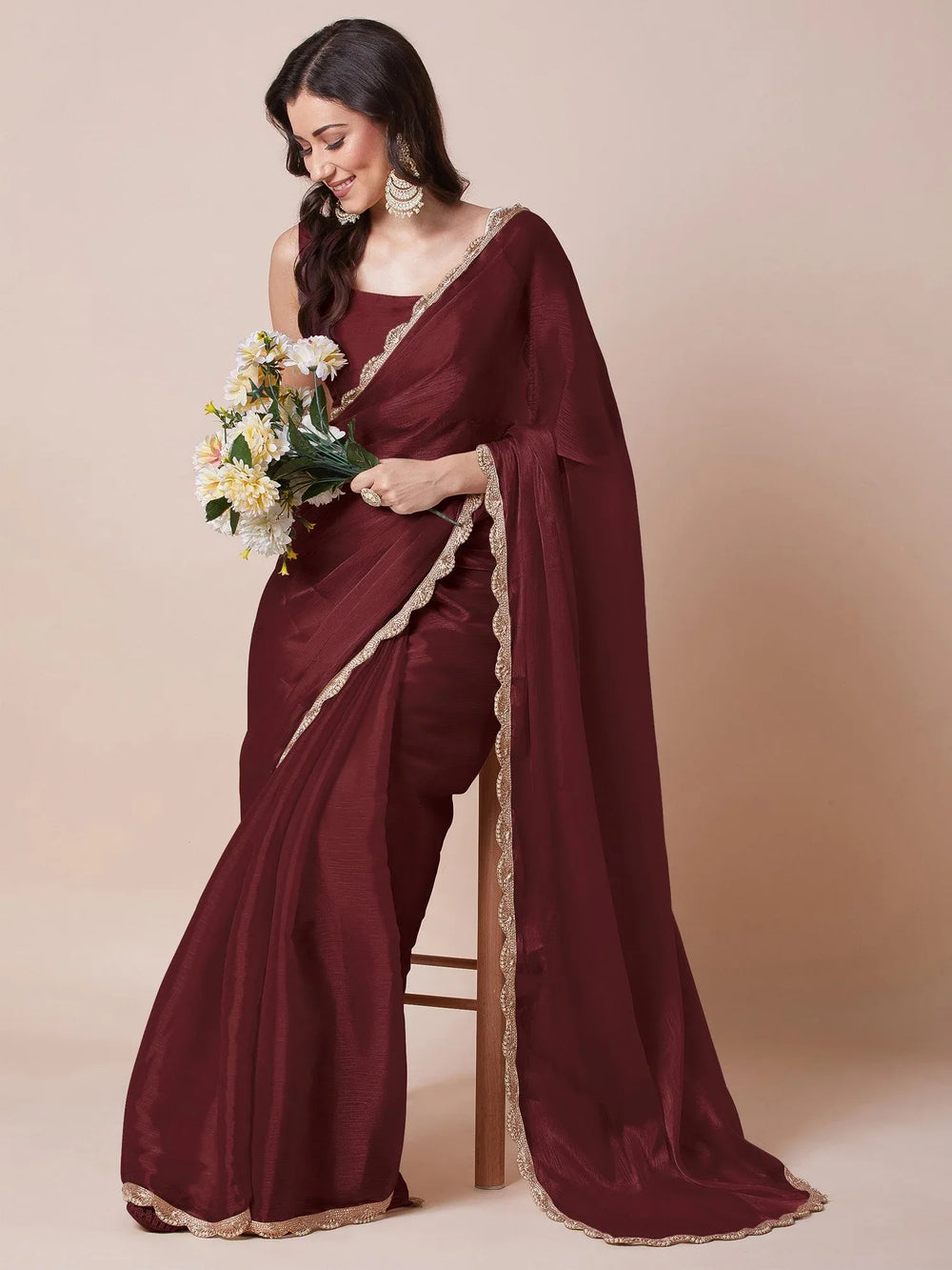 Maroon Party Wear Organza Embellished Saree - The Dori Store