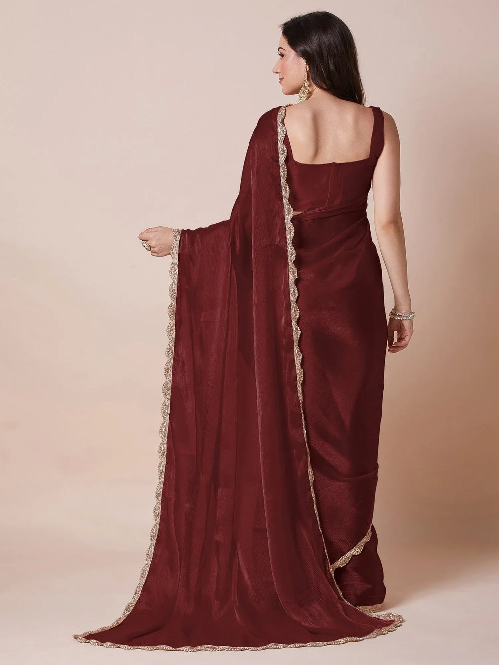 Maroon Party Wear Organza Embellished Saree - The Dori Store