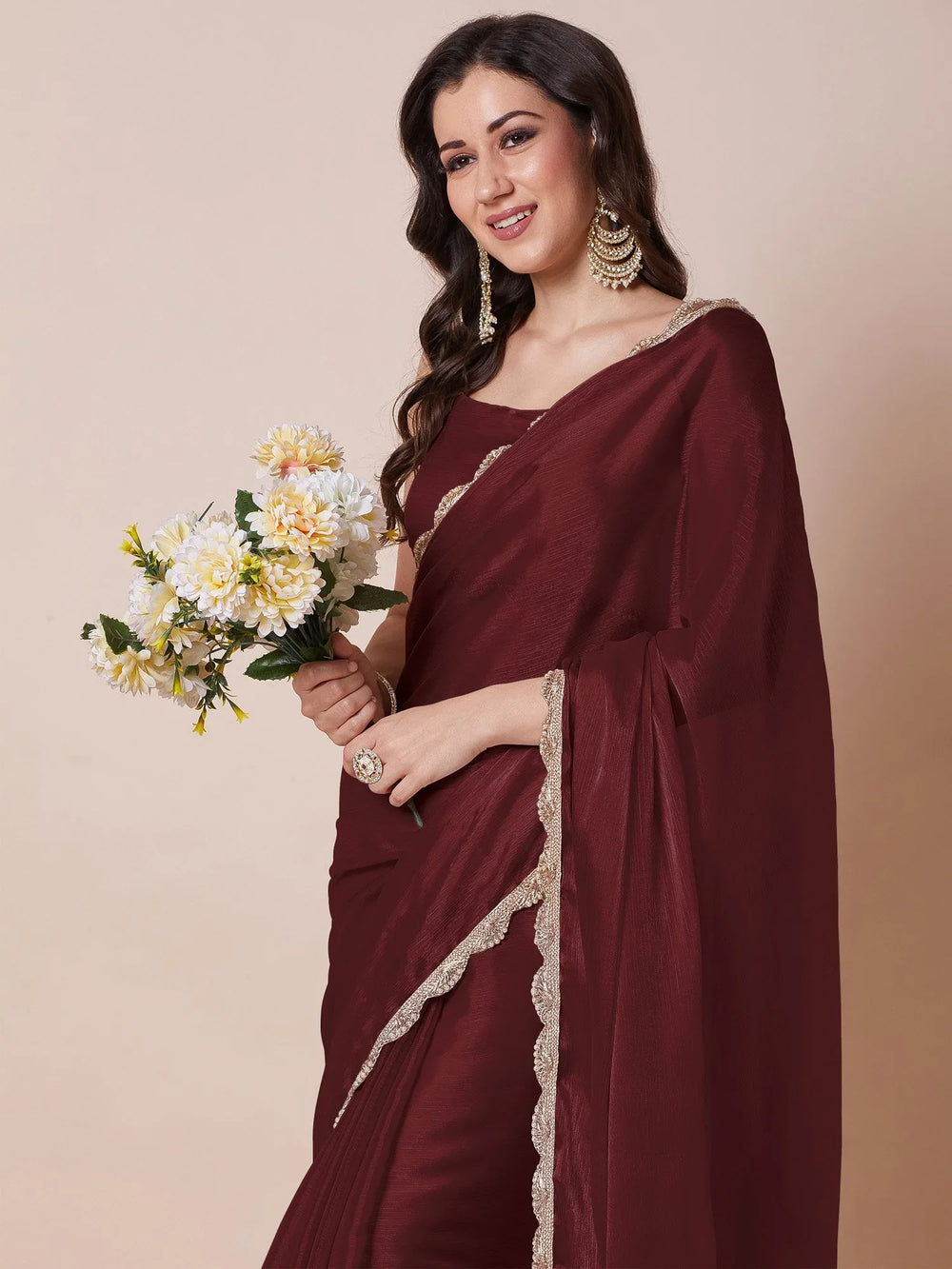 Maroon Party Wear Organza Embellished Saree - The Dori Store
