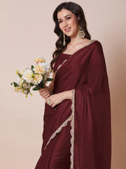 Maroon Party Wear Organza Embellished Saree - The Dori Store