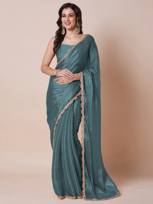Blue Metallic Party Wear Organza Embellished Saree