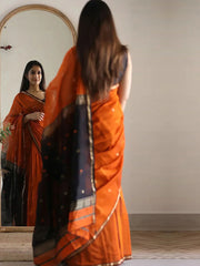 Orange Maheshwari Silk Cotton Woven Saree - The Dori Store