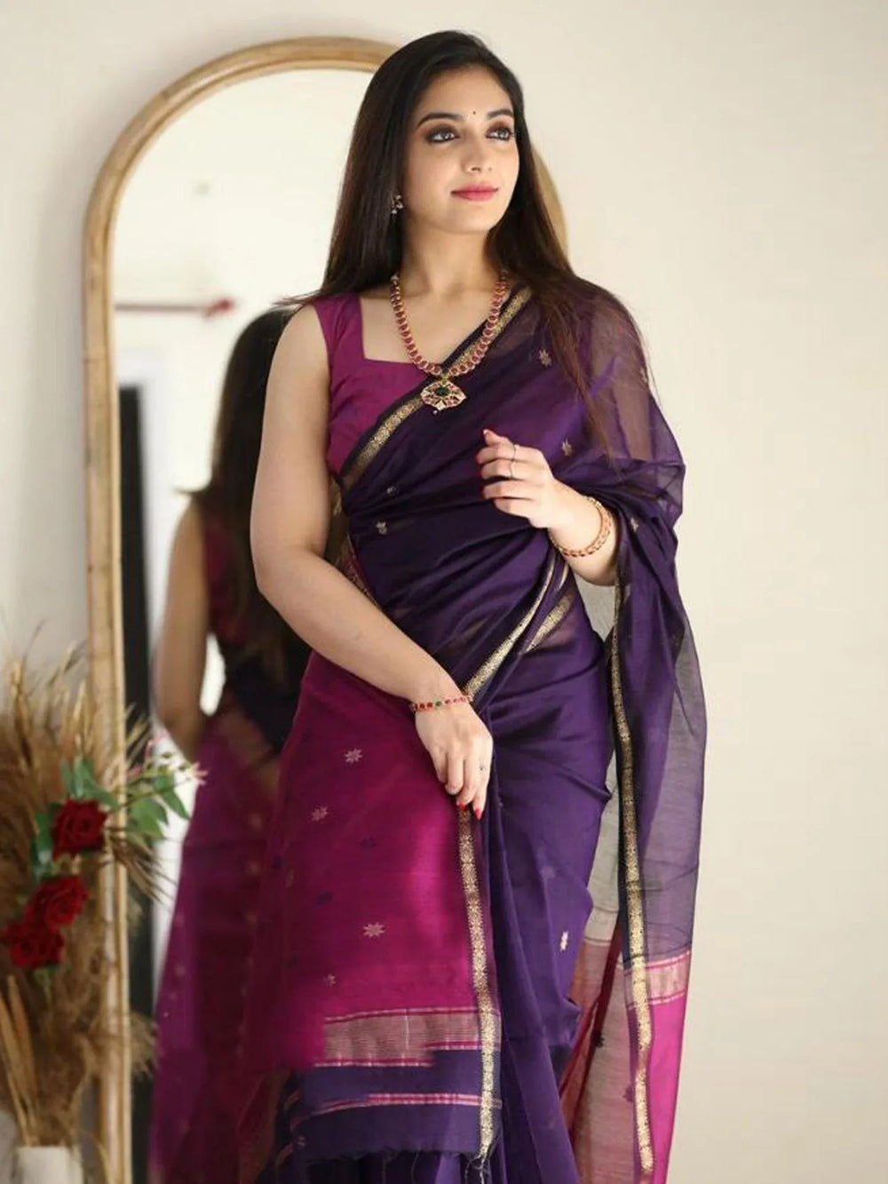 Purple Maheshwari Silk Cotton Woven Saree - The Dori Store