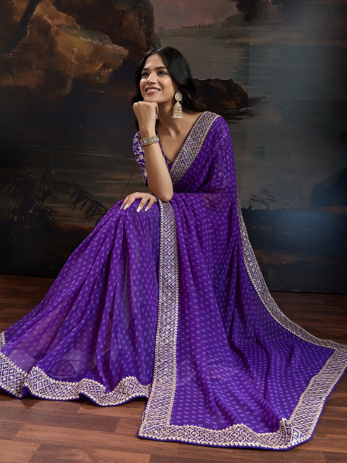 Purple Bandhani Georgette Printed Saree