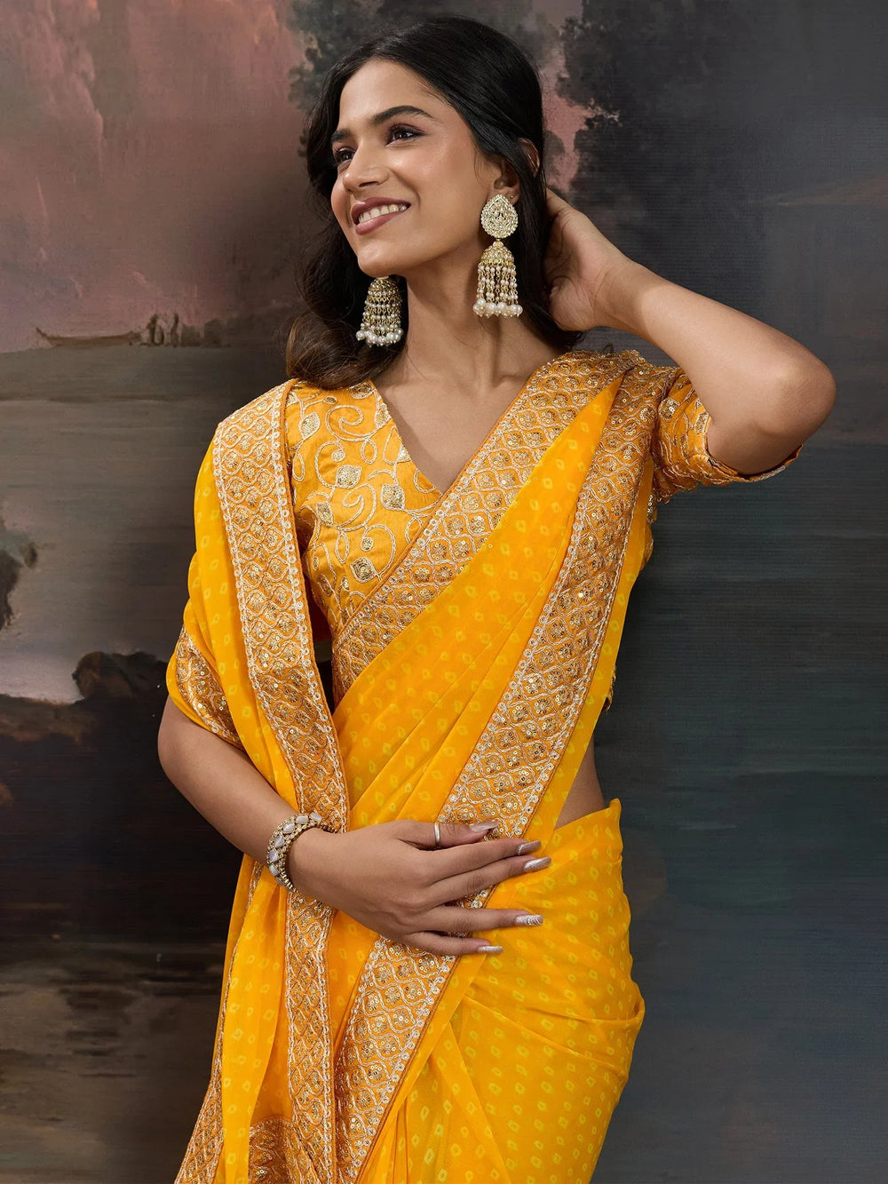 Yellow Bandhani Georgette Printed Saree - The Dori Store