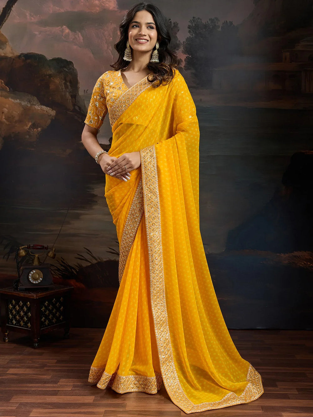Yellow Bandhani Georgette Printed Saree - The Dori Store