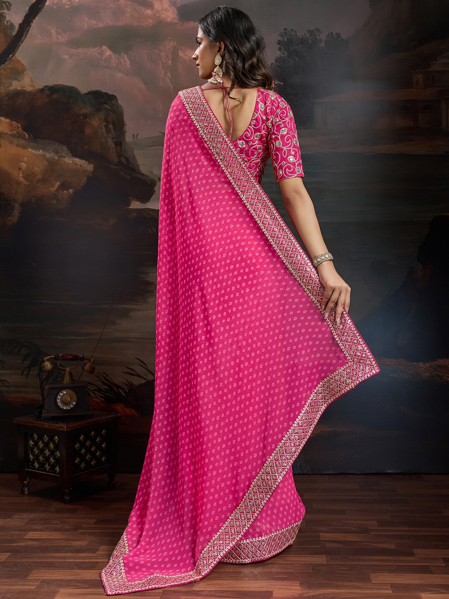 Pink Bandhani Georgette Printed Saree