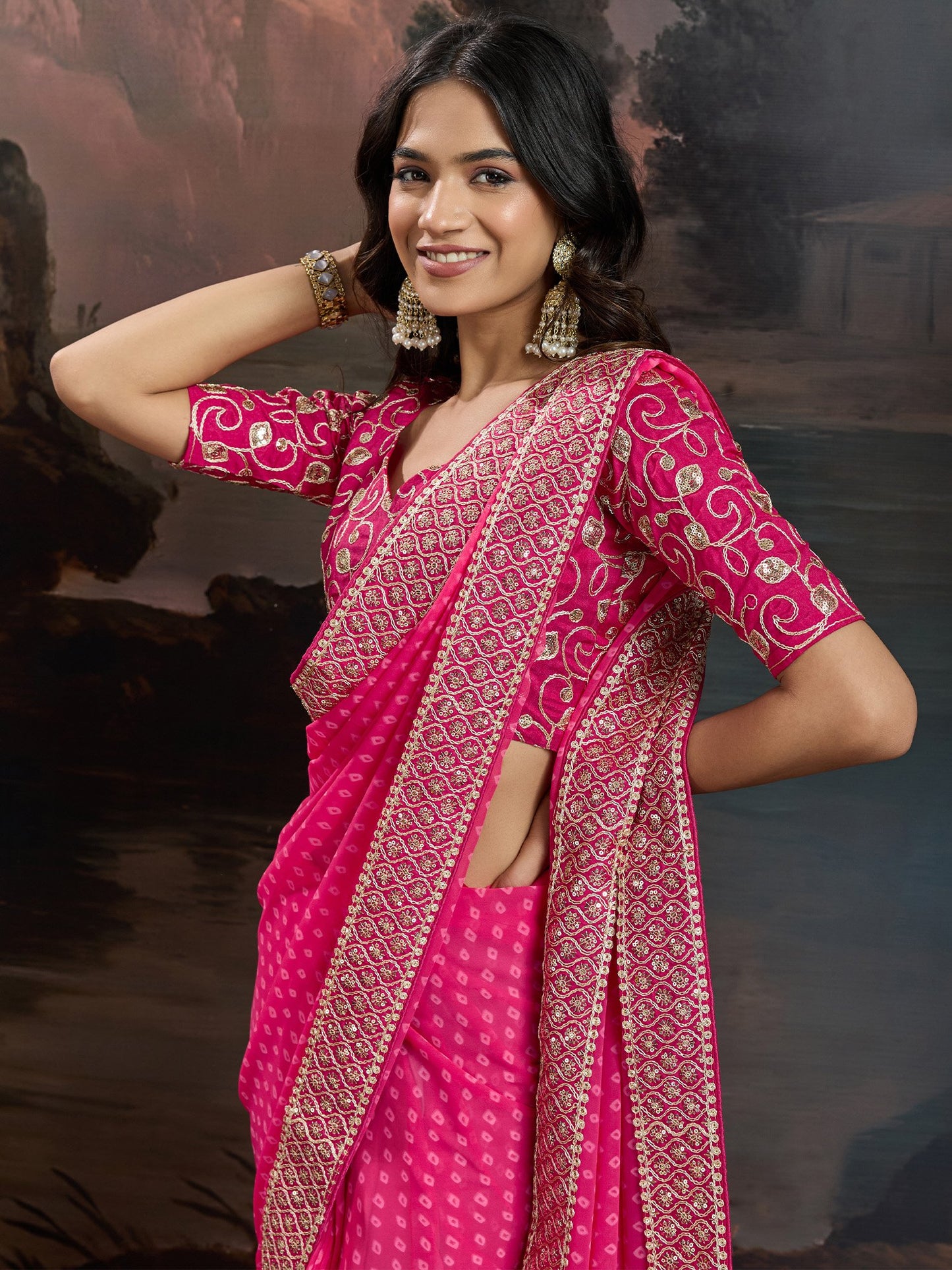Pink Bandhani Georgette Printed Saree