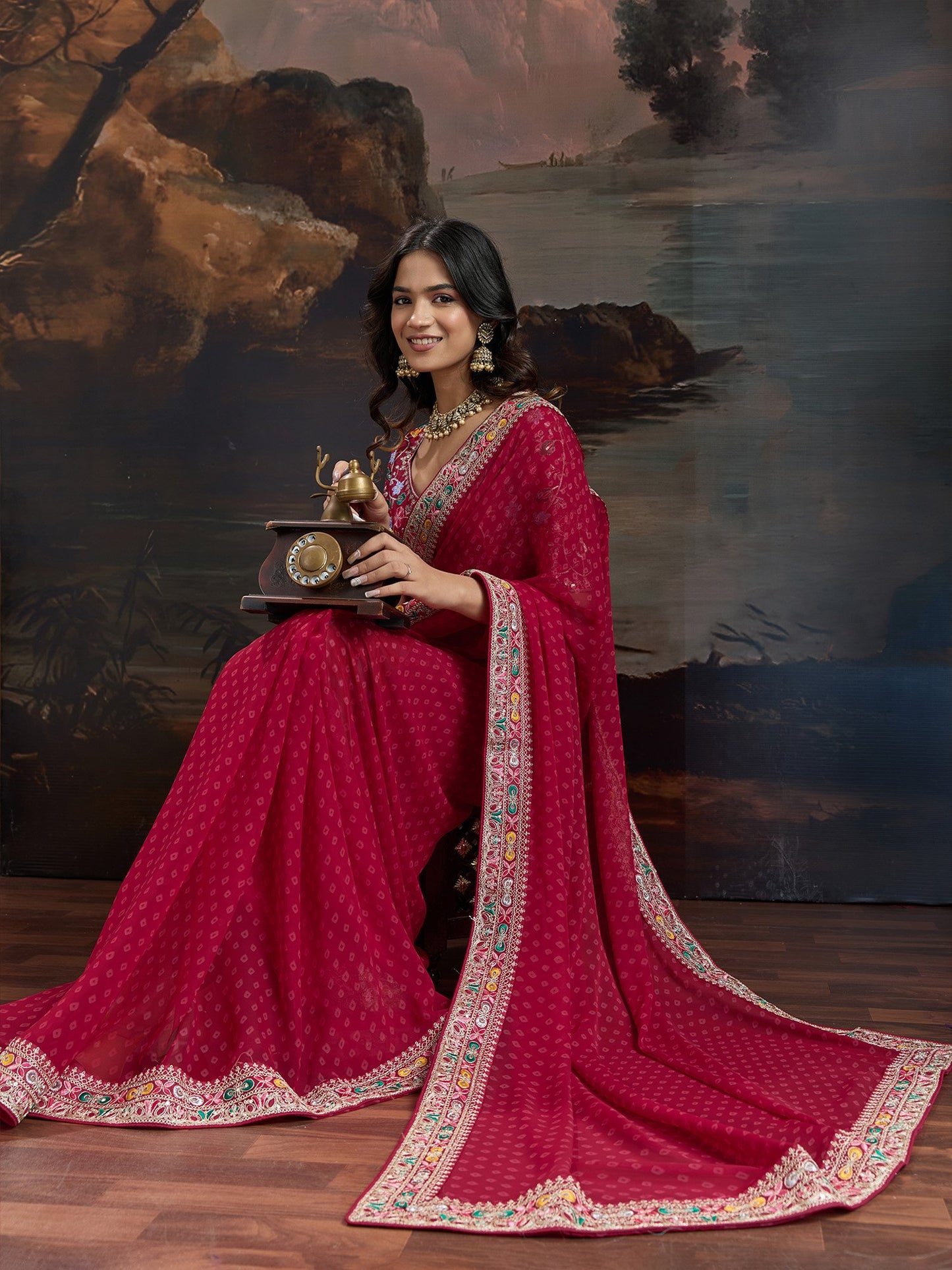 Maroon Bandhani Georgette Printed Saree