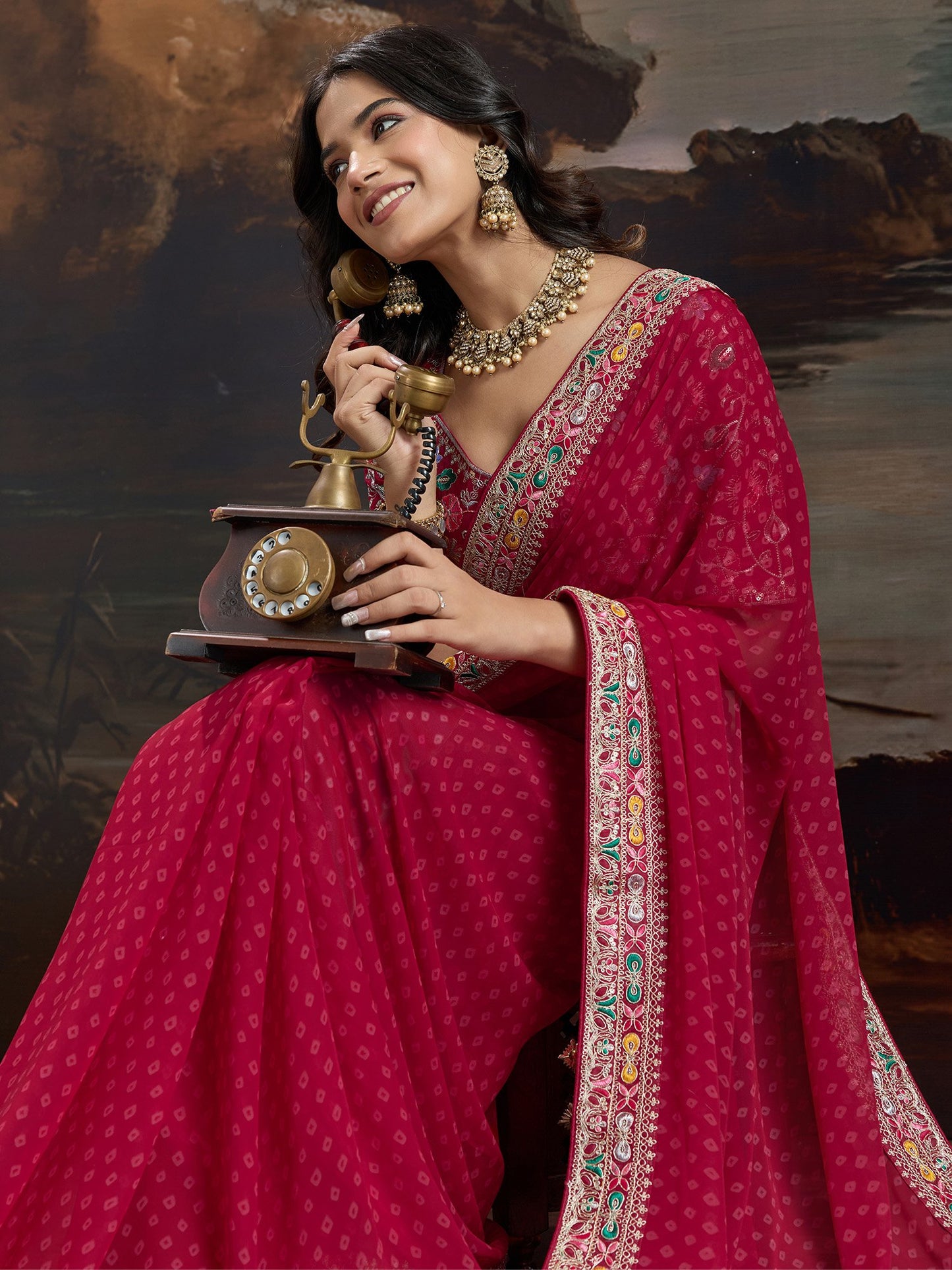 Maroon Bandhani Georgette Printed Saree