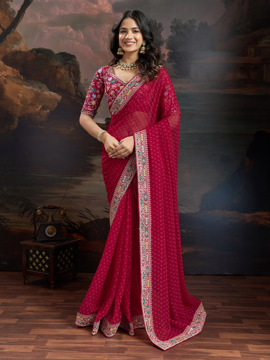 Maroon Maroon Bandhani Georgette Printed Saree