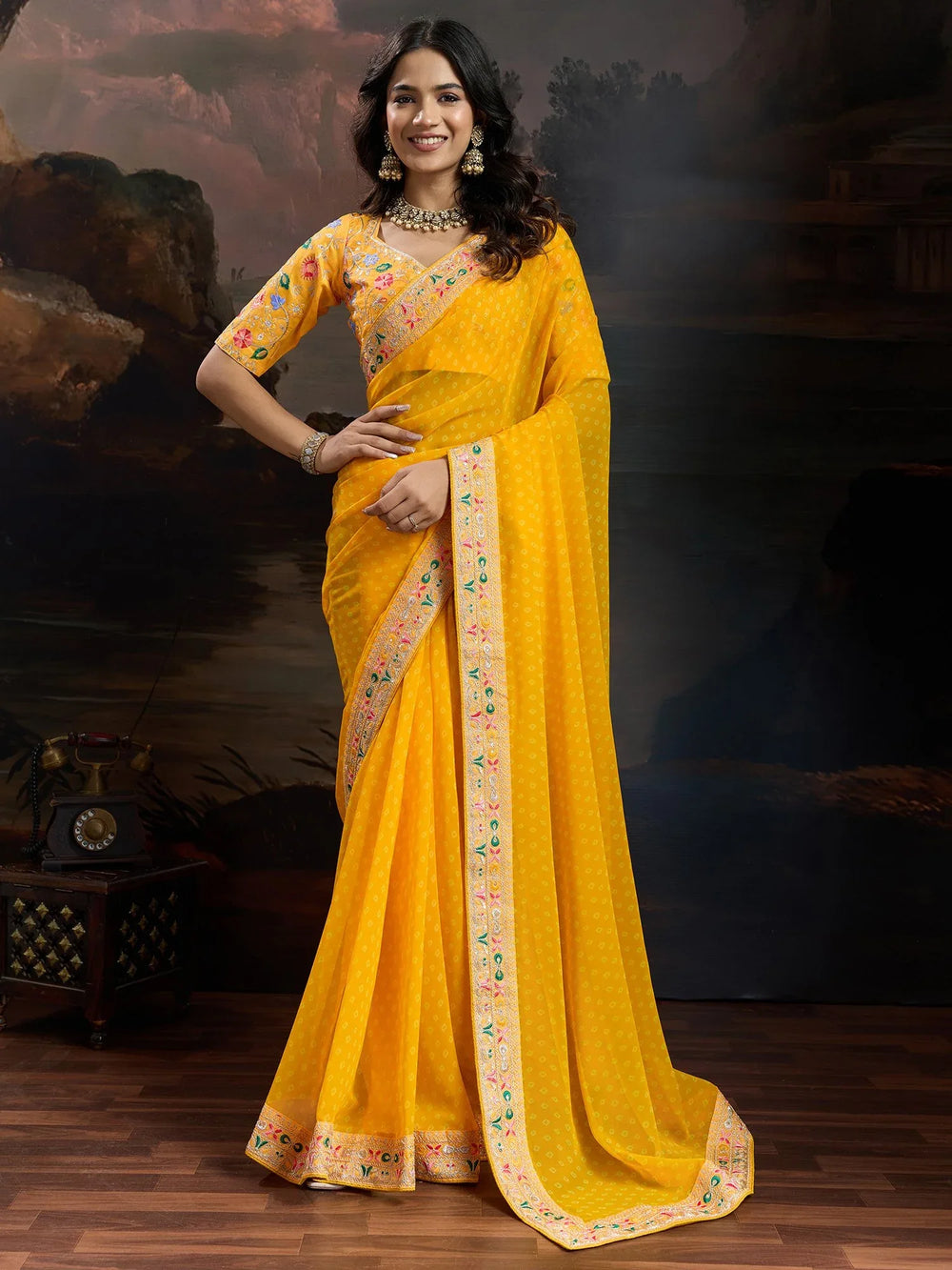 Yellow Bandhani Georgette Printed Saree - The Dori Store